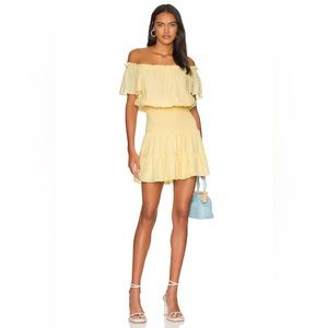 BCBGeneration Yellow Fit Flare Off The Shoulder Smocked Waist Mini Dress medium